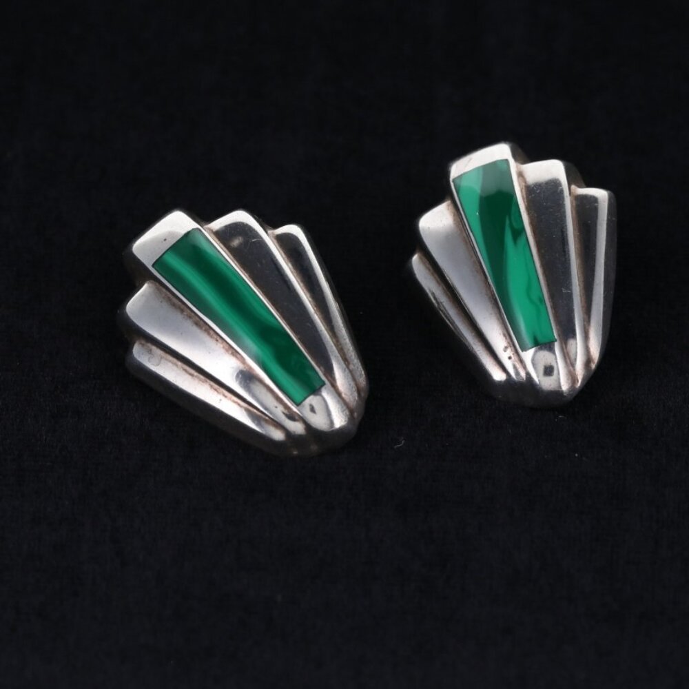 VINTAGE STERLING SILVER MEXICO 925 GREEN MALACHITE CLIP BACK EARRINGS, TM-213